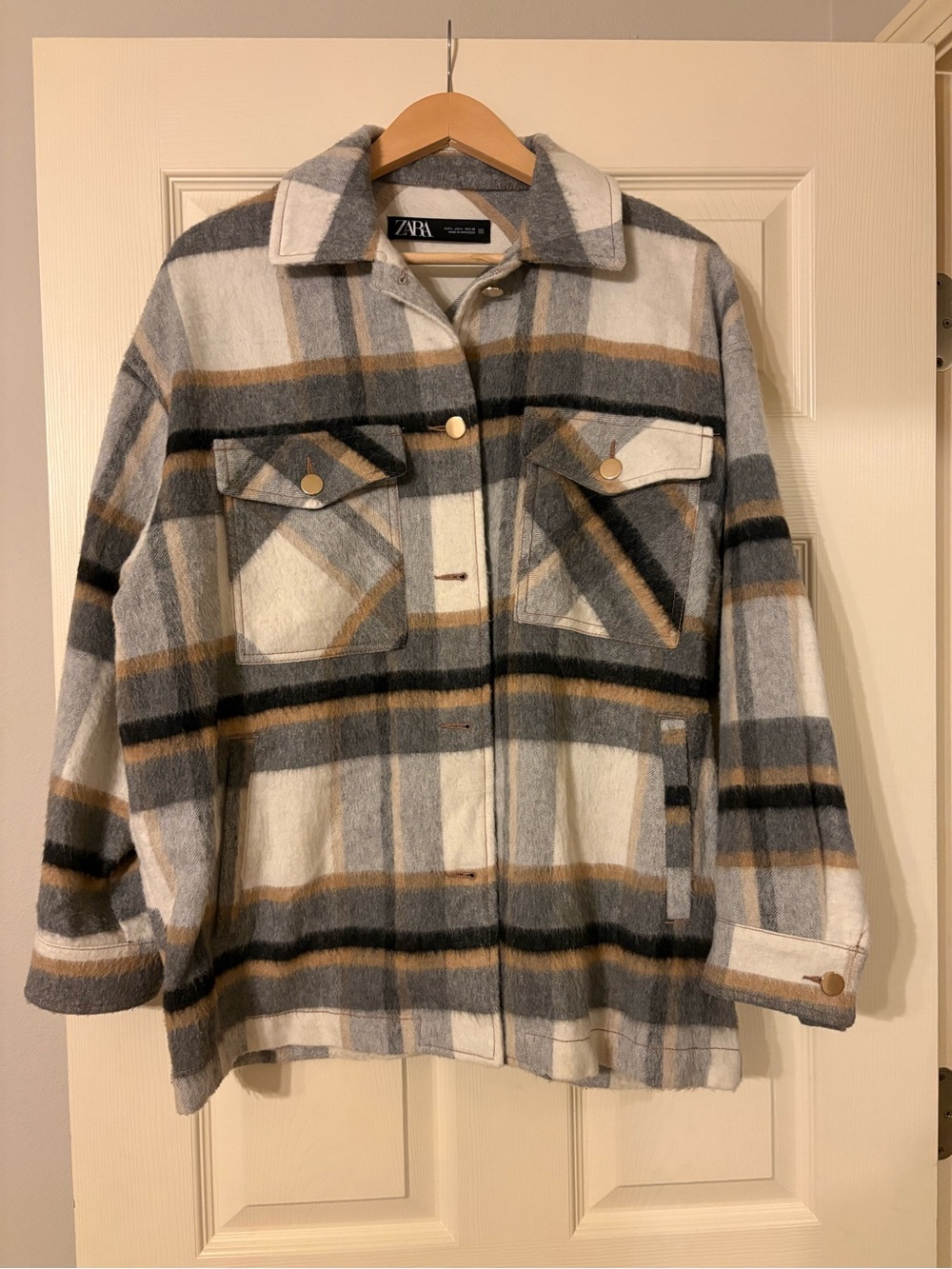 ZARA Cream, Gray & Tan Plaid Shacket